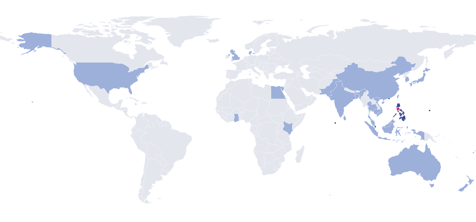 World map showing countries and territories with MG EXEO assignments